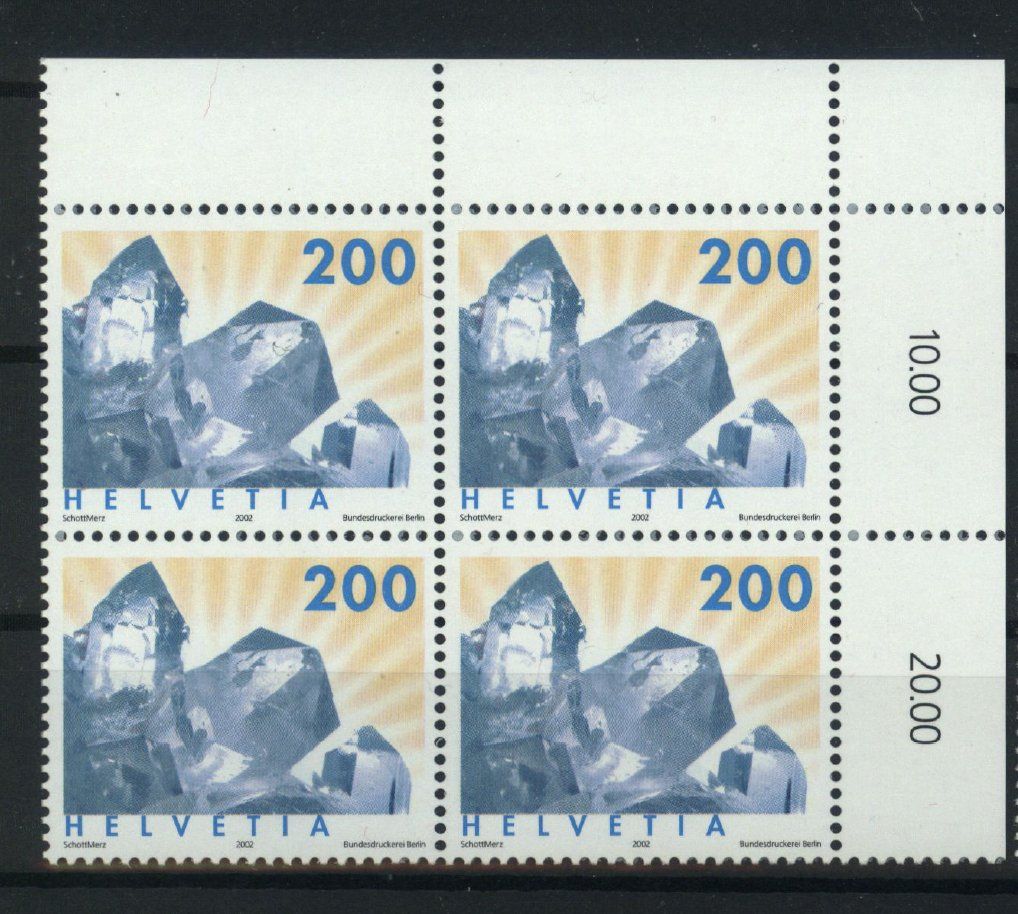 Tutti i francobolli: 2002, Dauermarke Mineralien, Viererblöcke ** – Usato da Willisau venduto da Vollstempel