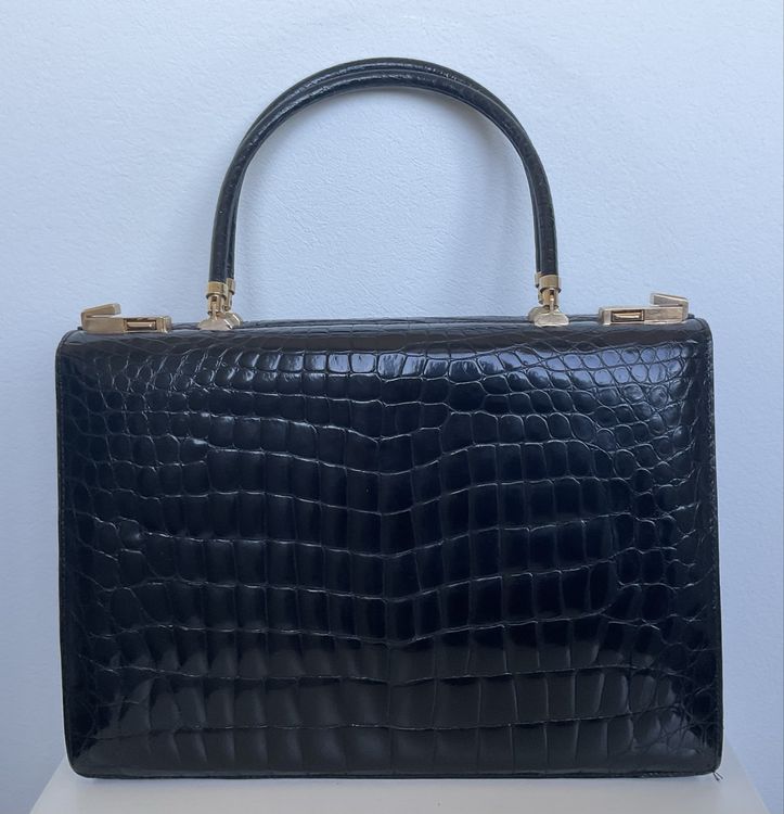 Vintage Leder Handtasche Kroko Krokodil Optik Echtes Leder Braun Glänzend 60s 1960