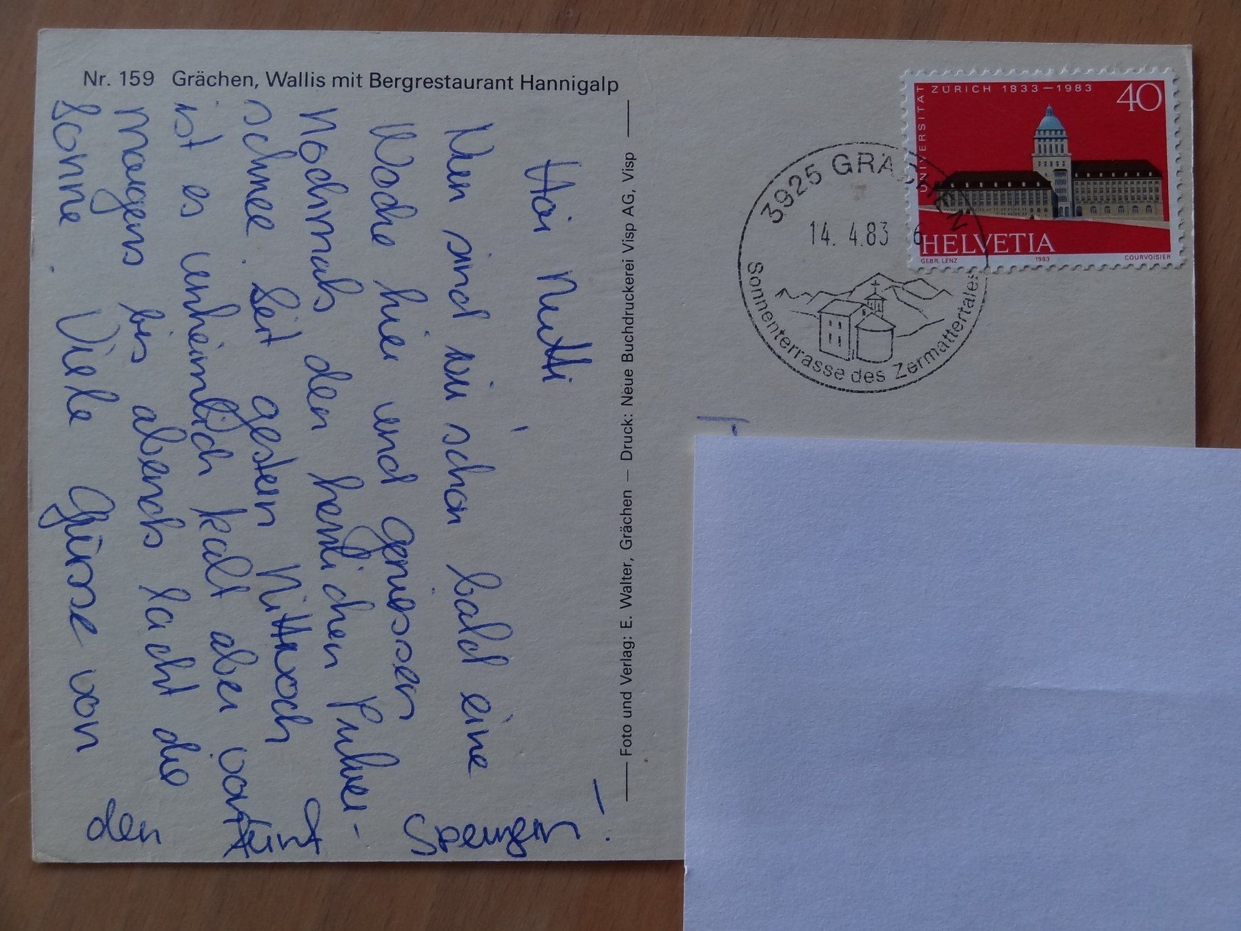 Cartoline postali: Grächen mit Bergrestaurant Hannigalp - 1983 – Usato da St Léonard venduto da Riglin 1