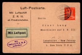 DE - Flugpost - Postkarte m.  Luftschiff nach New Jersey USA