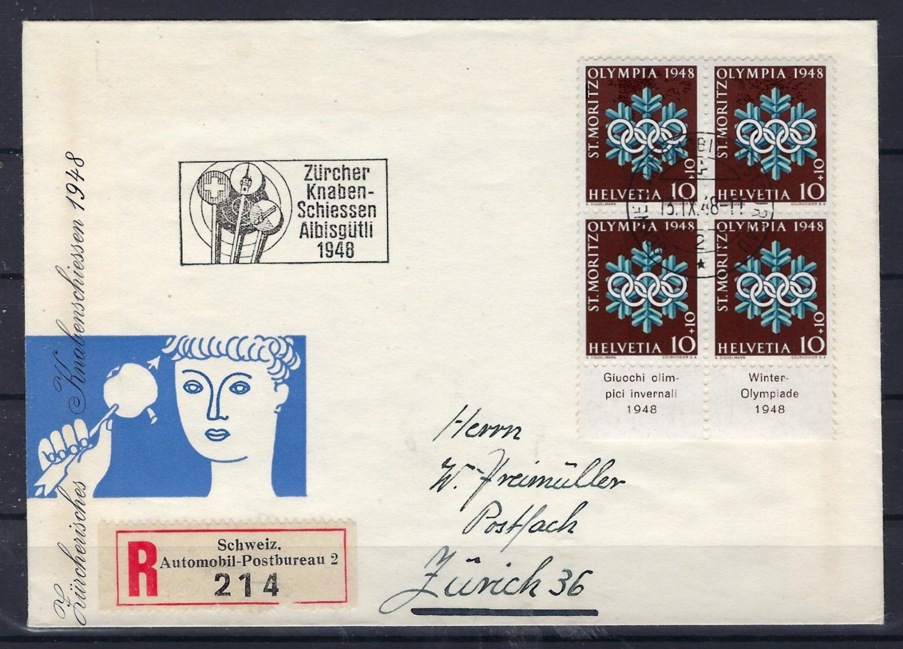 Tutti i francobolli: 1948 Olympia Viererblocks  Einschreibebrief 16051 – Usato da Lunden venduto da Animus999 2