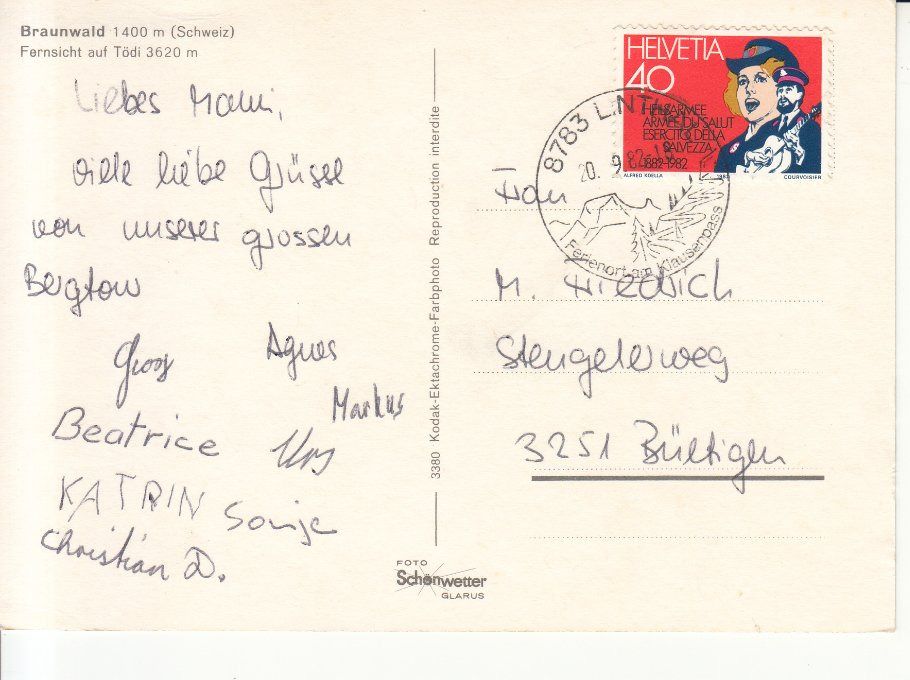 Ansichtskarten: Braunwald 1982 – Gebraucht aus Bürglen TG von StampGraf 1