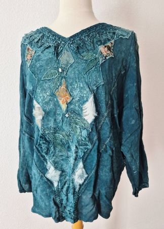 TUNIKA 100% VINTAGE PERTOL TÜRKIS BLUSE SPITZE 38 M PERLEN
