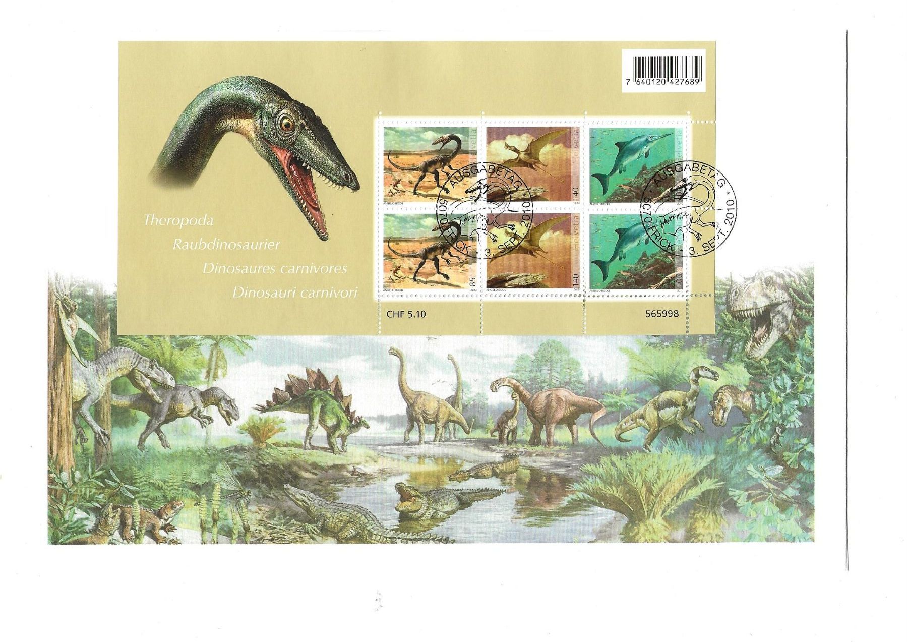 Tutti i francobolli: Ersttag-Bogenbrief Dinosaurier 2010 – Usato da Schlieren venduto da Sternstunde2
