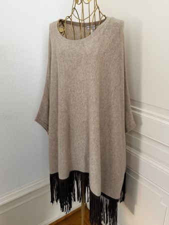 Grieder 100% Kaschmir Poncho mit Leder Fransen, Beige, Top!