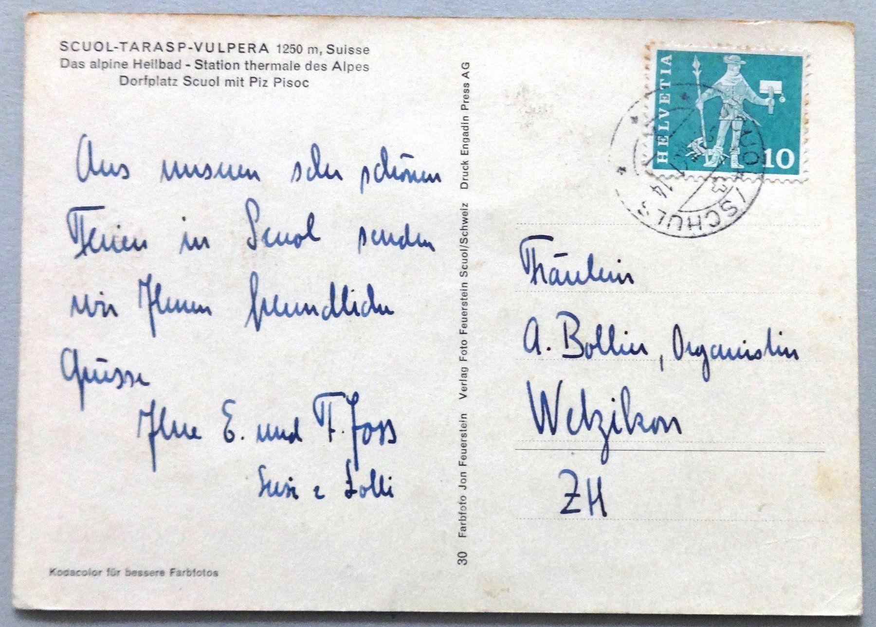 Cartoline postali: Dorfplatz Scuol mit Piz Pisoc – Usato da Fétigny venduto da Billy2miny 1