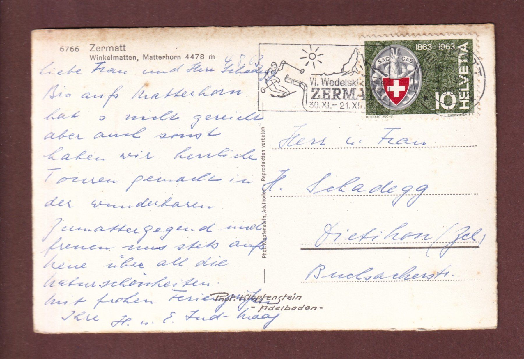 Cartoline postali: Zermatt - WINKELMATTEN - Matterhorn - 1963 – Usato da Pully venduto da nicecards-shop 1