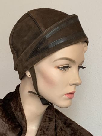 Vintage Motorrad/Fliegerkappe aus Wildleder Dunkelbraun