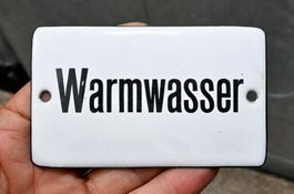 VINTAGE Emailschild WARMWASSER emaille 10x6cm gewölbt