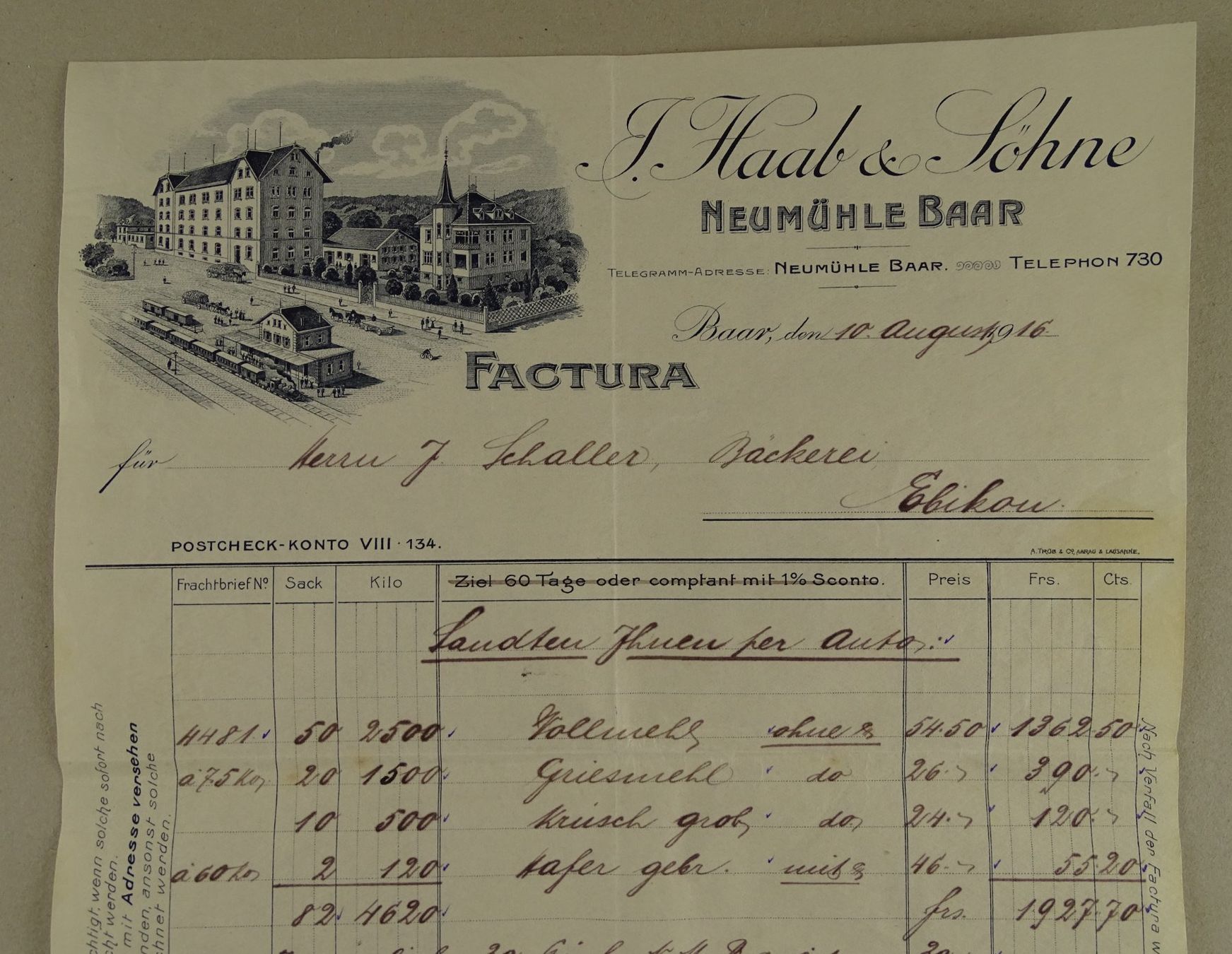 Dokumente: NEUMÜHLE BAAR, FACTURA 1916 – Gebraucht aus Grüningen von Kartensammler 1