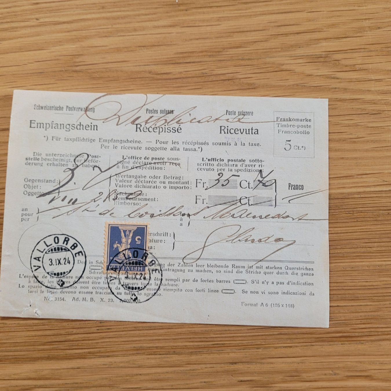 Alle Briefmarken: Document Récépissé Vallorbe 1924 – Gebraucht aus Biel/Bienne von Destockweb