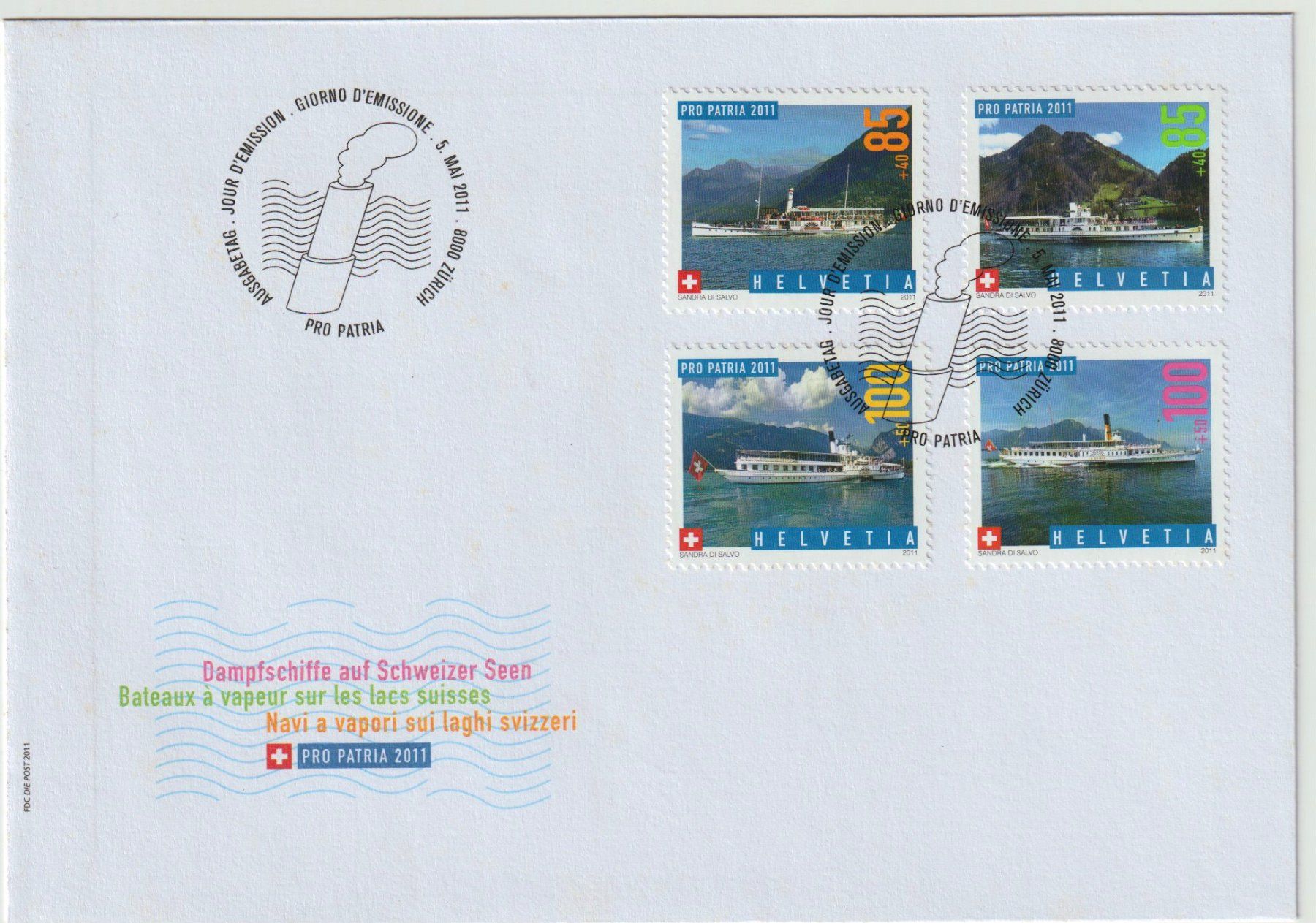 Tutti i francobolli: FDC Schiffe, Dampfschiffe der Schweiz, Pro Patria 2011 – Usato da Bedigliora venduto da positano