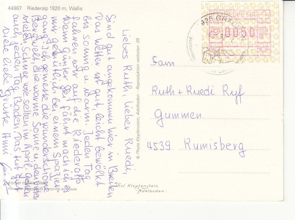 Cartoline postali: Riederalp 1992 – Usato da Bürglen TG venduto da StampGraf 1