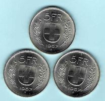 1967, Lot 3x 5 Franken Silber, unz.stgl. (15975)