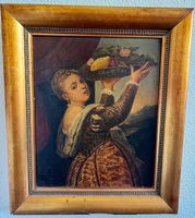 Antike Gemälde TIZIANO VECELLIO. Mädchen mit Fruchtschale.
