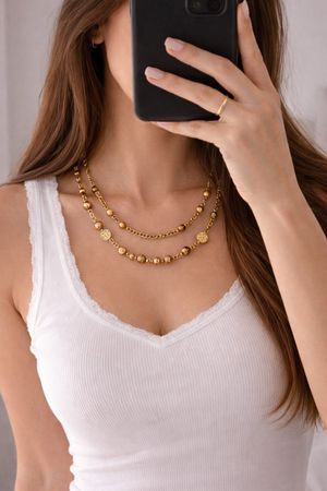 Damen Halskette Mehrreihig Gold Perlen 61cm