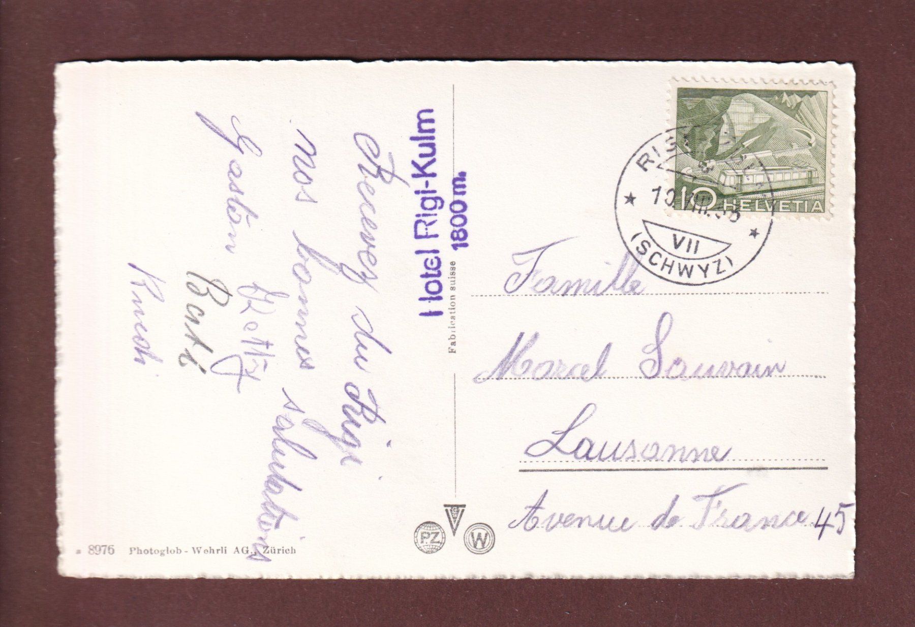 Cartoline postali: Berghaus RIGI-STAFFEL - 1953 – Usato da Pully venduto da nicecards 1