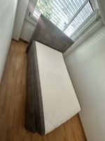 Bett mit Bettkasten grauer Stoff mit Matratze