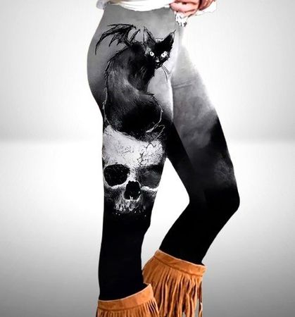 🖤 Gothic Leggings – Totenkopf & Katze Print, High-Waist 🖤