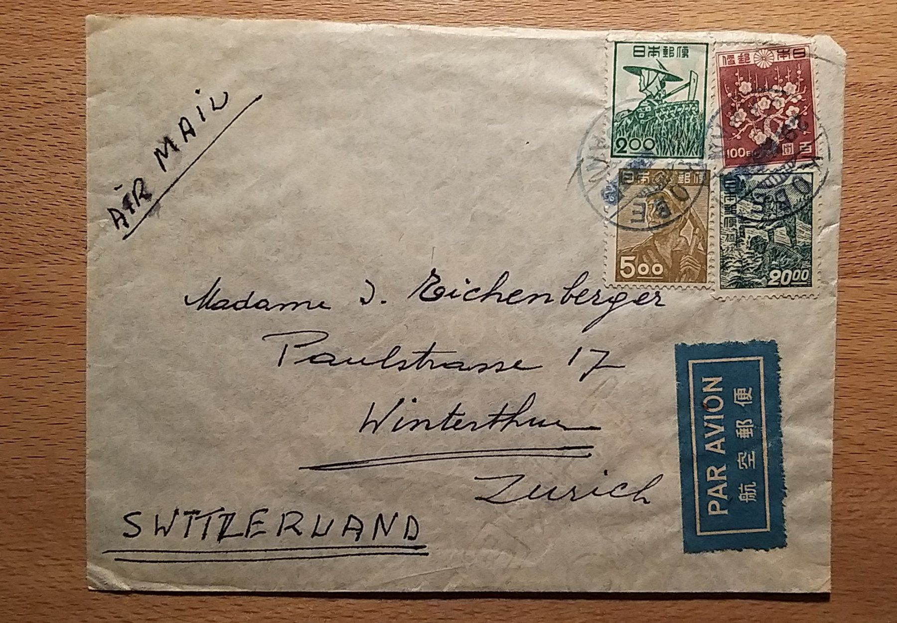 Alle Briefmarken: Luftpost Kobe Japan nach Winterthur – Gebraucht aus Unterägeri von PhilatelieStudiger