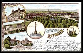 Lithographie Zofingen, Rathaus, Schulhaus, Bahnhofsplatz, Th