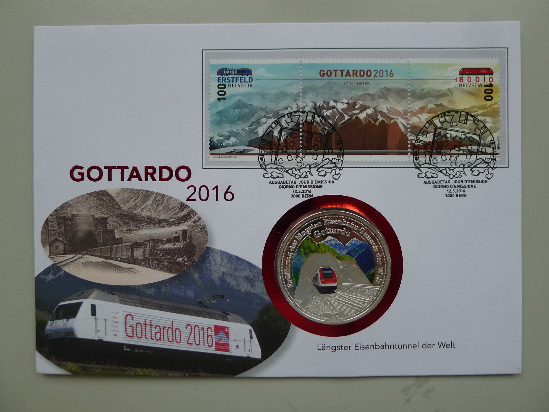 Medaillen: 2016, Numisbrief "Gottardo 2016" mit farbiger Gedenkmedaille – Gebraucht aus Sursee von Luzernerraute
