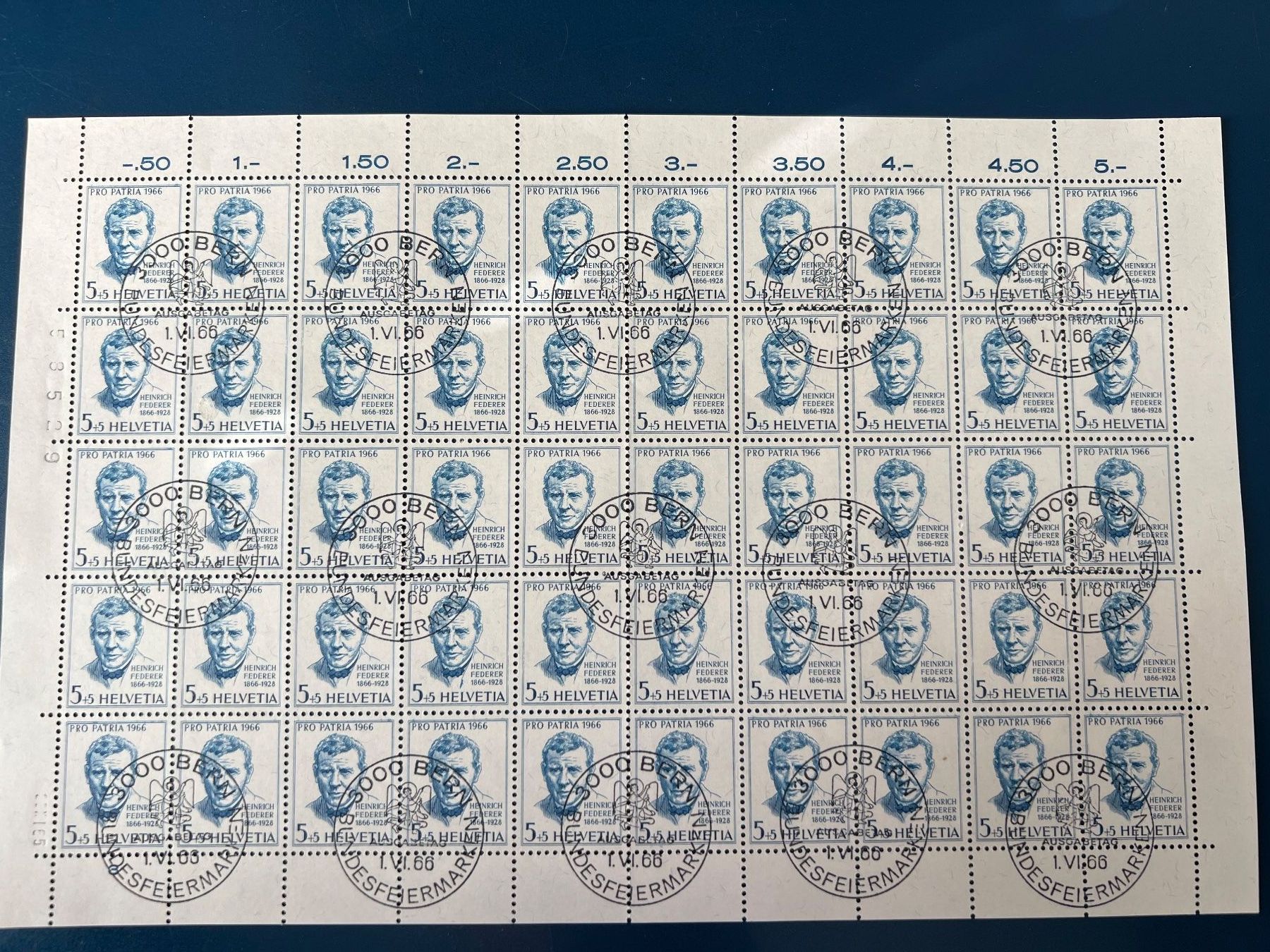Alle Briefmarken: Pro Patria, 1966, 1 Bogen mit Ersttagsstempel, Abart – Gebraucht aus Oberhasli von Sicurezza