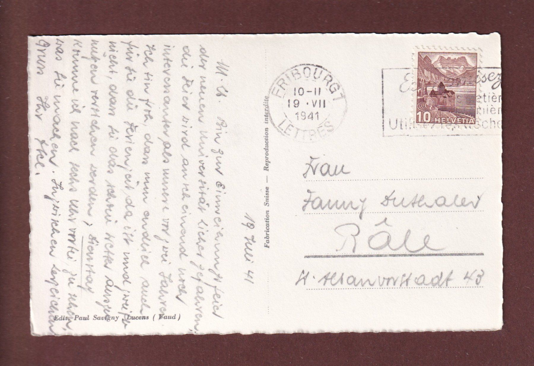 Cartoline postali: FRIBOURG - Tour St. Nicolas - 1941 – Usato da Pully venduto da nicecards 1