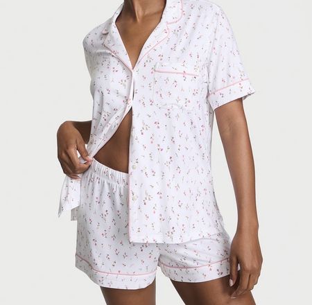 Victoria’s Secret Shorty Pyjama Set aus Modal Weiss Rosa Neu