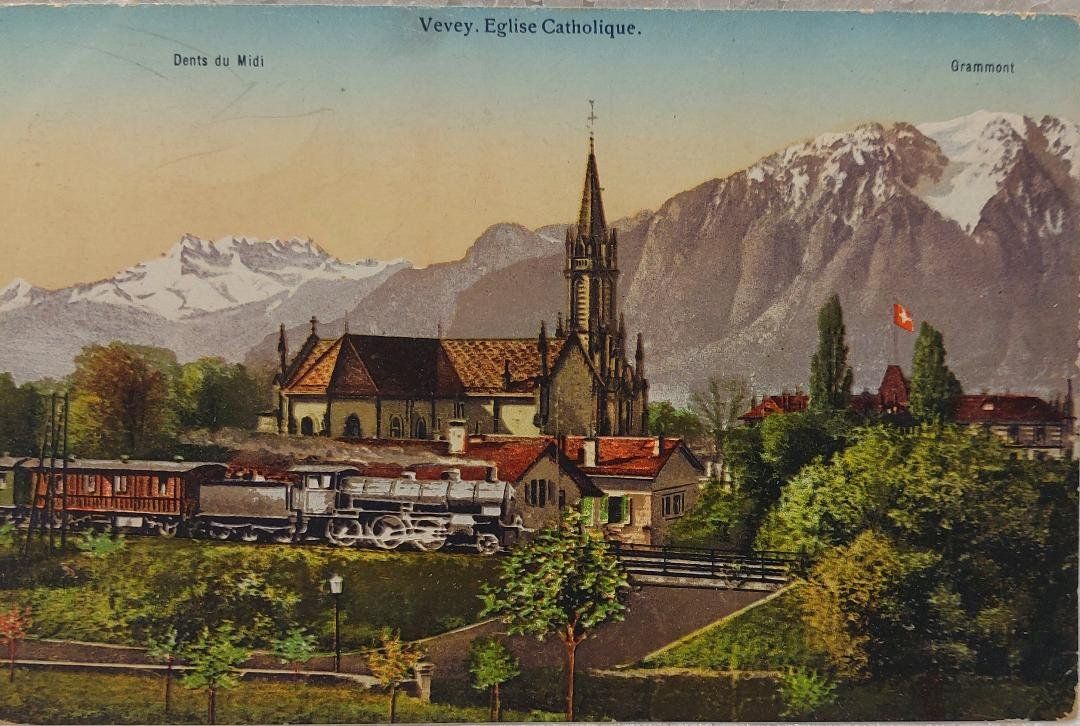 Ansichtskarten: VEVEY - Eglise Catholique - Train à vapeur – Gebraucht aus Delémont von Domdom1