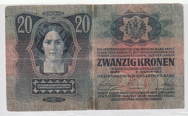 Banconote: 20 CORONE - ANNO 1913 - AUSTRIA – Usato da CHIASSO venduto da Rochelle59.