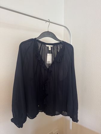 H&M Bluse mit Volants, Navy, Grösse M - NEU