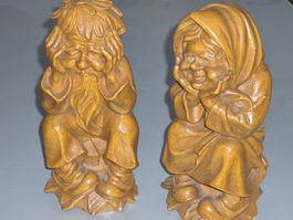 Handgeschnitzte Holzfiguren Zwerg Paar signiert 1981 ~25 cm