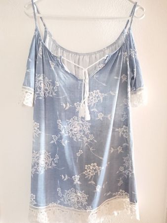 Damen Kleid Strandkleid Gr. L/XL Blau Weiss Off Shoulder