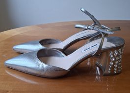 MIU MIU silver leather slingback pumps embellished crystals
