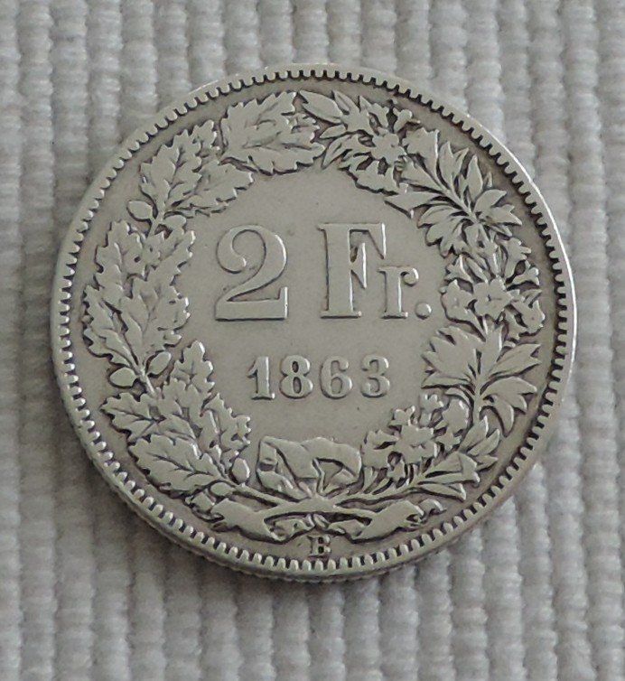Alle Münzen: 2 Franken 1863s-ss Silber – Gebraucht aus Gommiswald von Malediven2025