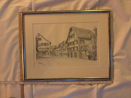 Original Zeichnung von 97, gerahmt, vintage