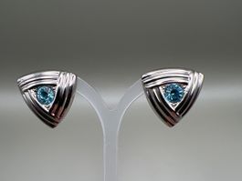 Ohrclips dreieckig silberfarben mit blauem Stein Vintage