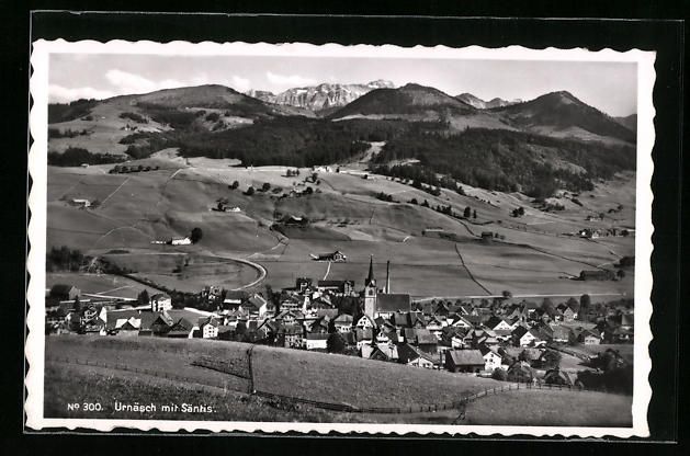 Cartoline postali: AK Urnäsch, Totalansicht mit Säntis – Usato da Berlin venduto da bartko-reher