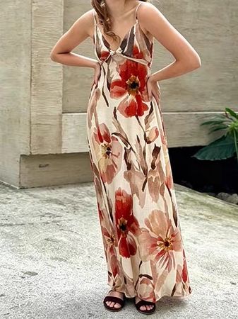 Maxi Dress Floral Print Tie Front Strappy Back Size S