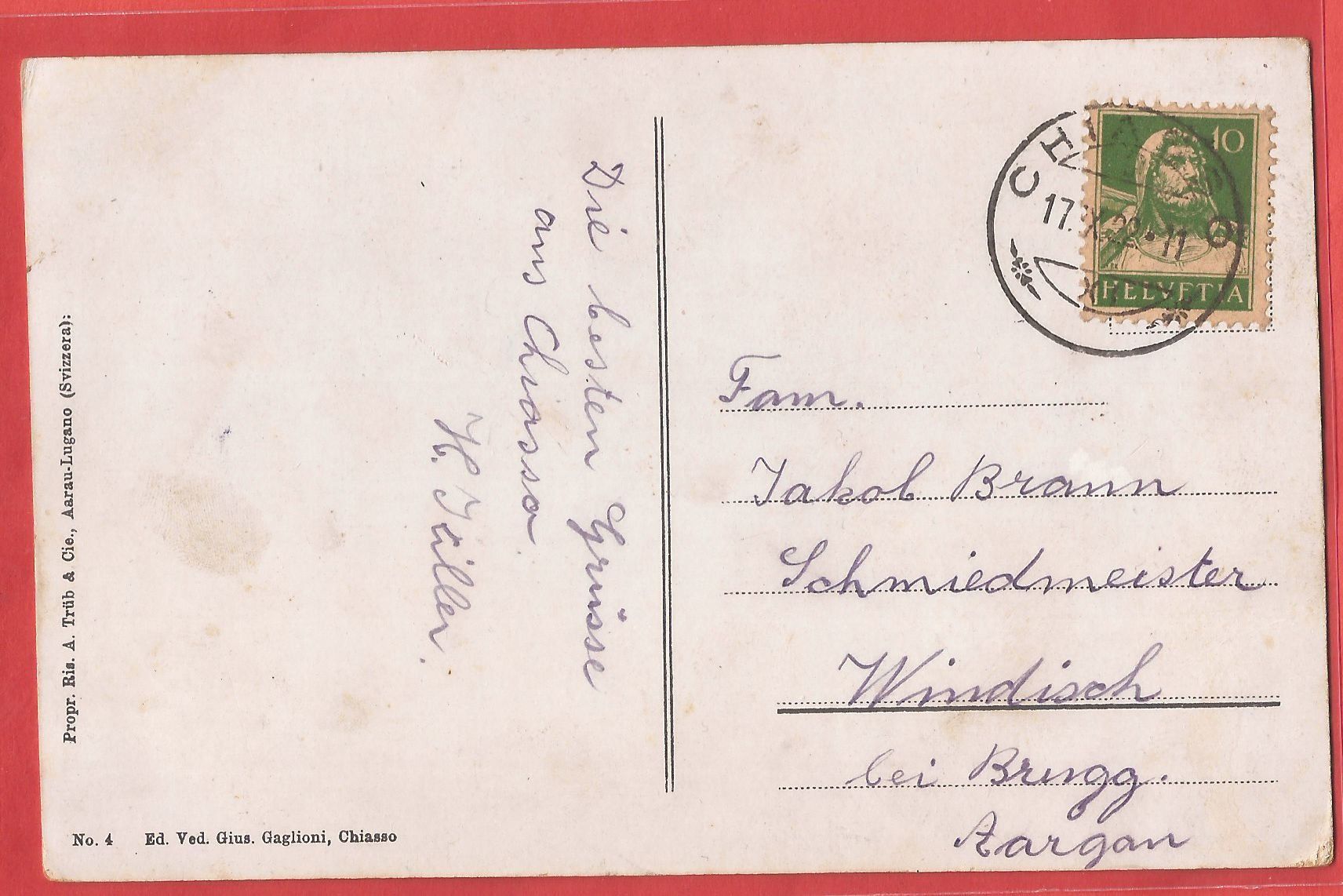 Cartoline postali: Chiasso - Via alla Stazione - 1922 – Usato da Fislisbach venduto da Porano 1
