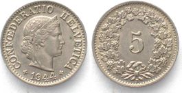 EIDGENOSSENSCHAFT 5 Rappen 1944 Ku-Ni ERHALTUNG! unz