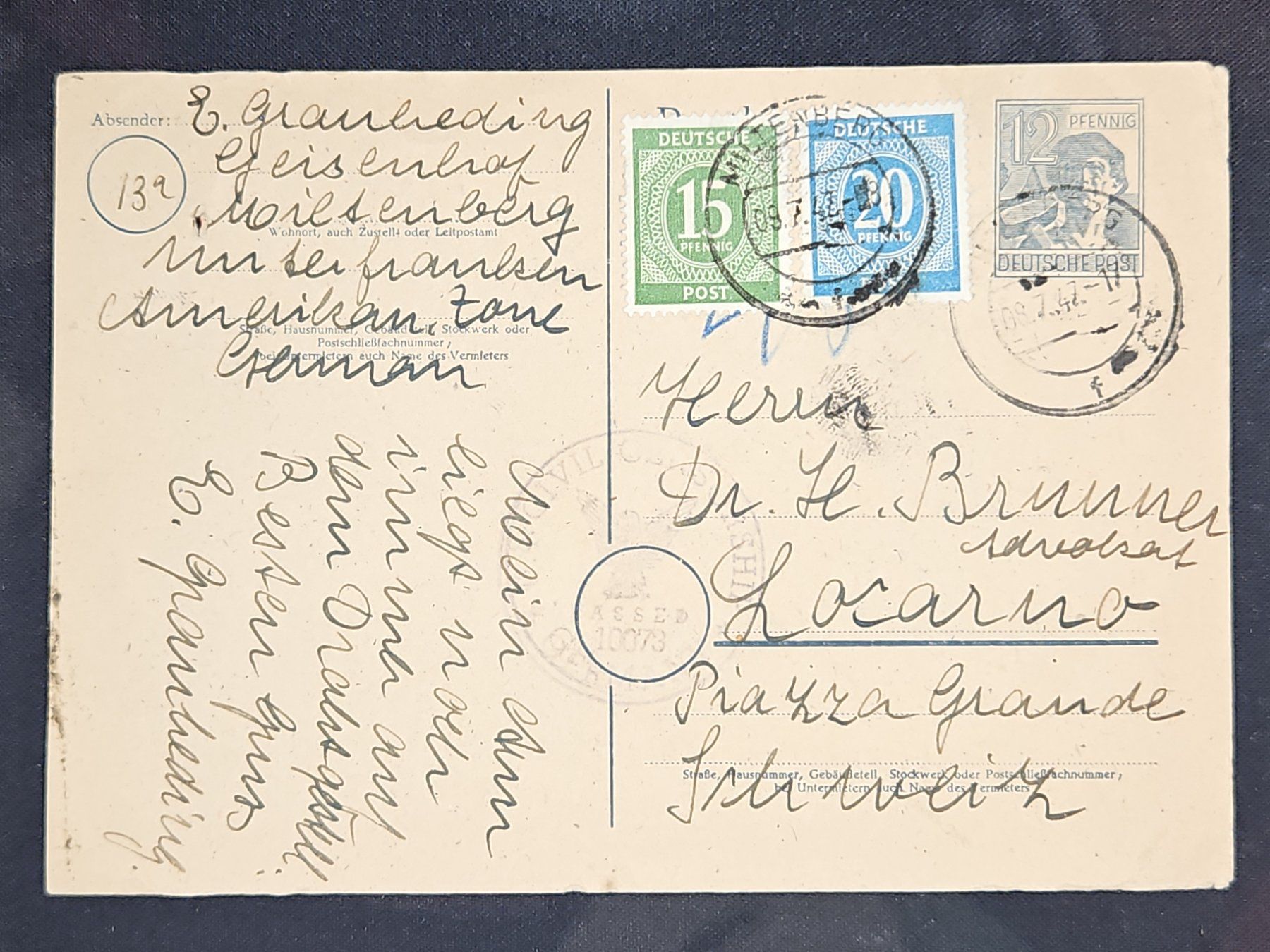Tutti i francobolli: CL25 Carte Postale + Timbre Allemagne 1947 – Usato da Cousset venduto da Patrick_Collections
