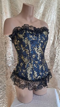 Corsage in blau gold Gr. XL mit schwarzer Spitze