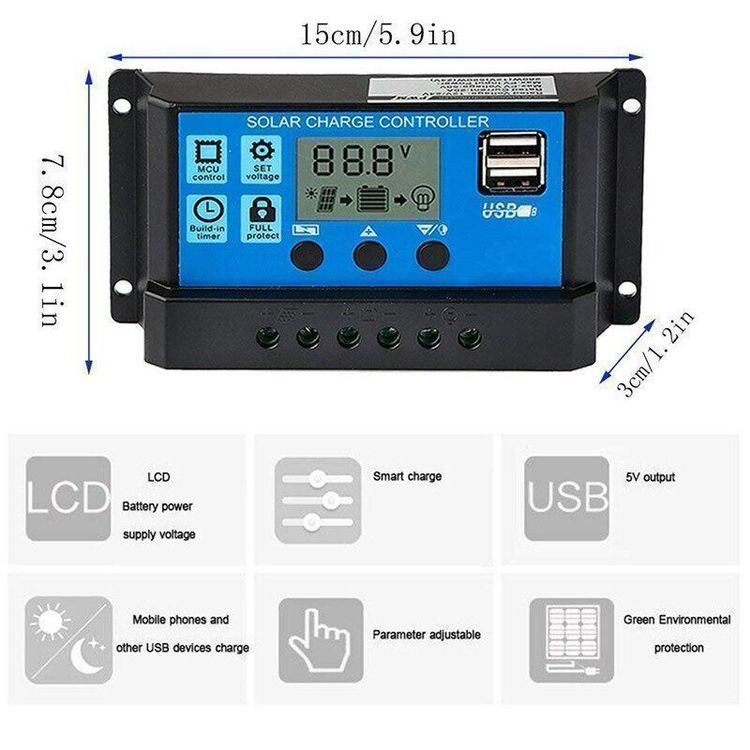 SZSSTH Solar Laderegler 30A Mit LCD - PWM Regler Für 12V/24V Solaranlagen Mit USB