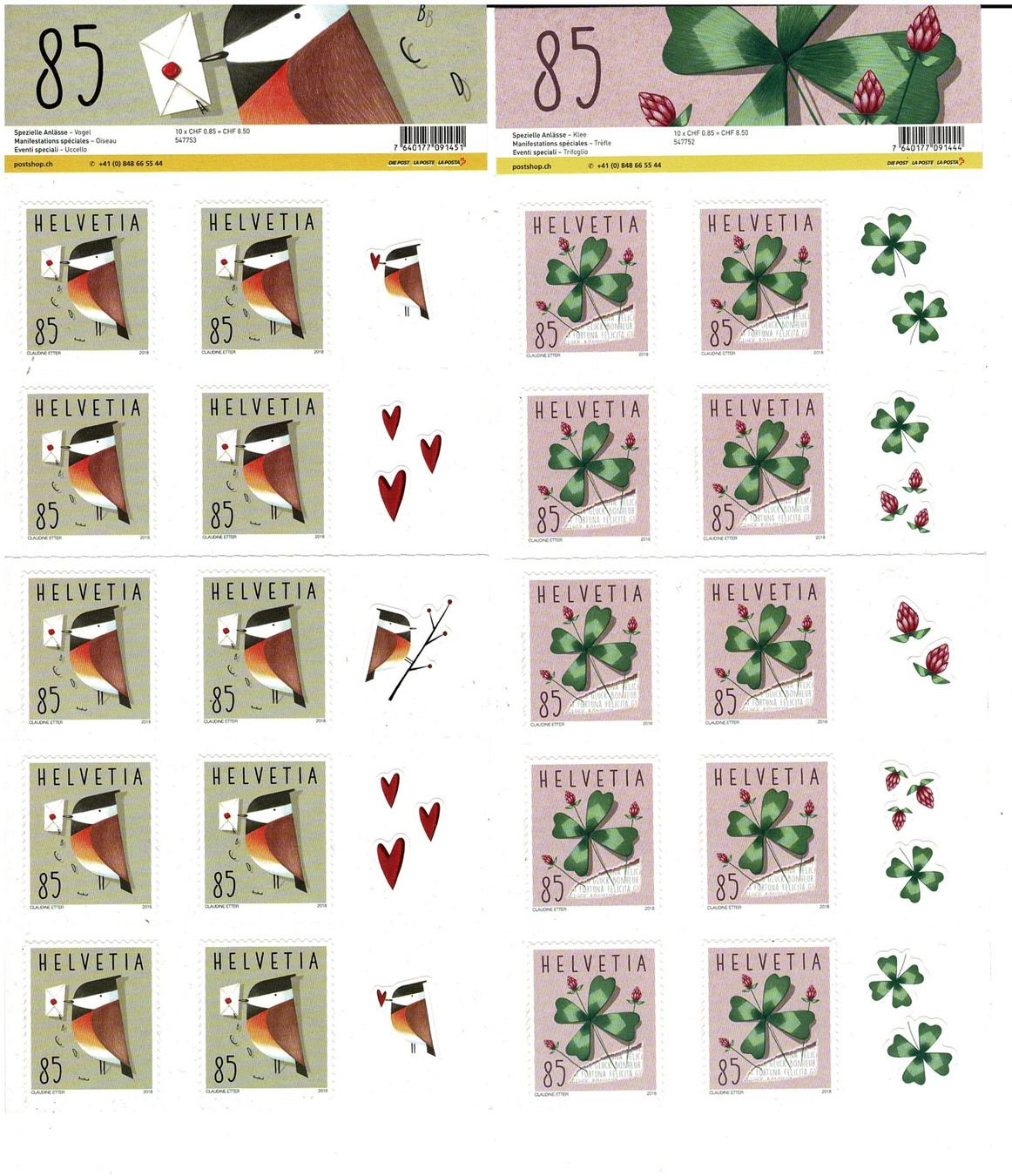 Alle Briefmarken: Glücksklee + Vogel/Herz 2 Heftchen ** – Neu (gemäss Beschreibung) aus Lausanne von Whorvath