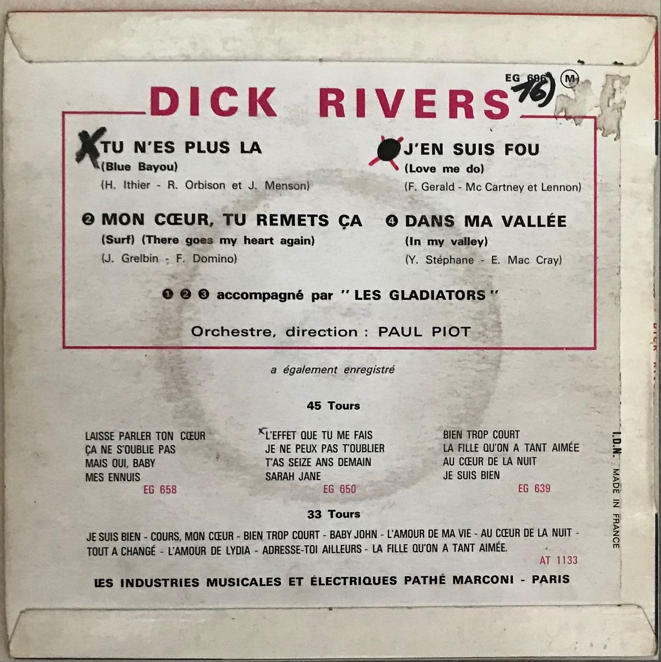 Vinyles: DICK RIVERS - TU N'ES PLUS LA – D'occasion à Bussigny par vinyl-pas-cher 1
