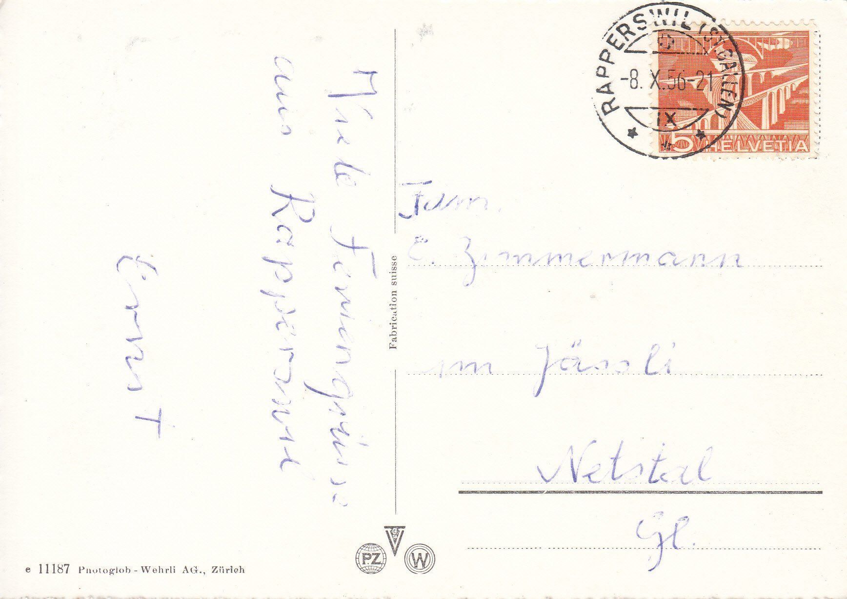 Cartoline postali: Rapperswil 1956 – Usato da Bürglen TG venduto da StampGraf 1
