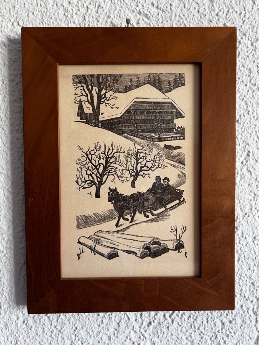 Xilografie: Emil Zbinden Winterlandschaft mit Pferdeschlitten – Usato da Neuenegg venduto da Magosaurus