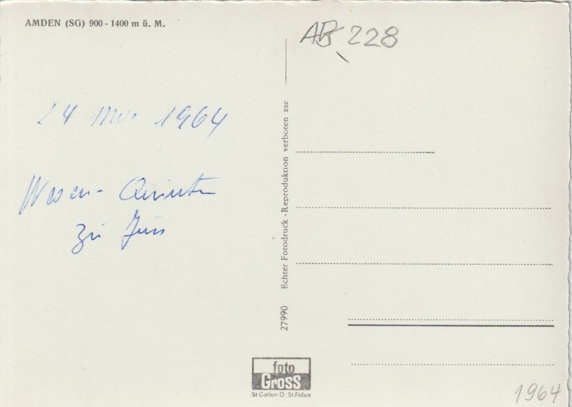 Cartoline postali: AB 228 Amden, 1964 – Usato da Freienbach venduto da Bhaltis 1